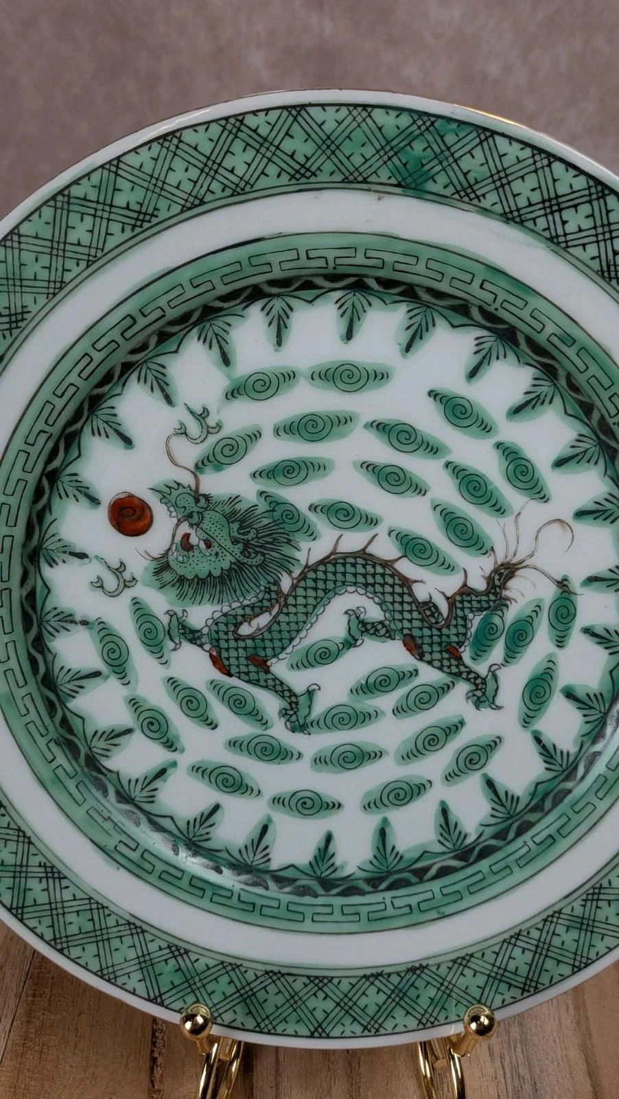 Plato decorativo chino – Dragón imperial verde – Porcelana vintage – photo 3